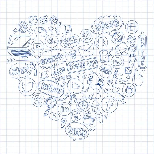 ソーシャル メディアとチームワークのアイコン。落書きの画像。管理、ビジネス、インフォ グラフィック. — ストックベクタ