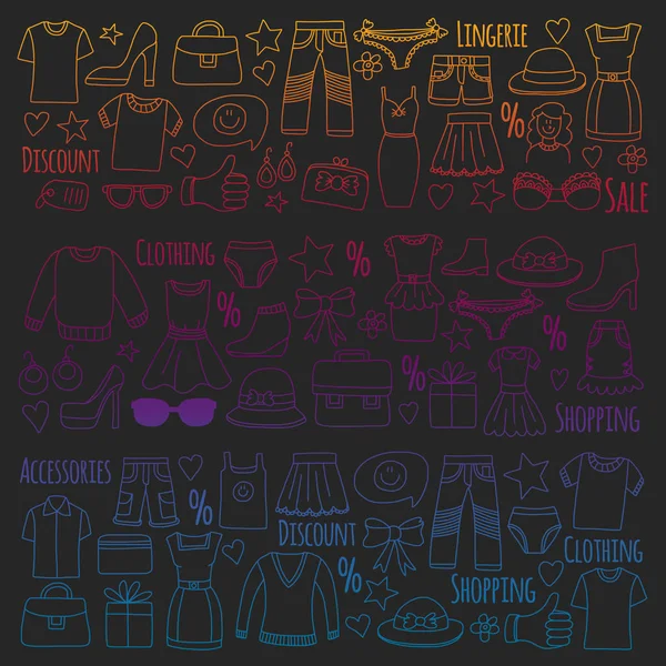 Einkaufen, Markt, Geschäft. Kleidung und Mode-Ikonen — Stockvektor