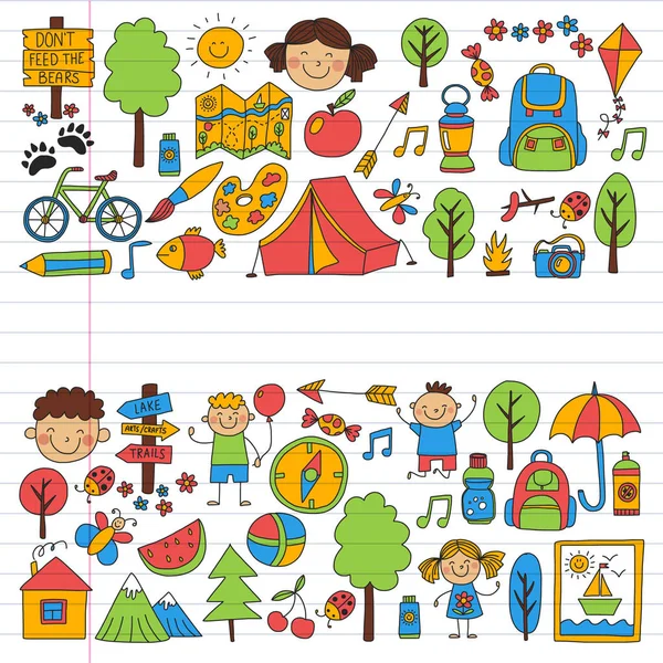 Vector set of camping, hiking icons for little children. School and kindergarten kids vacation. — Stock Vector