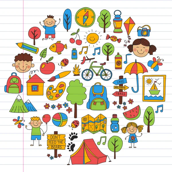 Conjunto vectorial de camping, iconos de senderismo para niños pequeños. Escuela y jardín de infantes vacaciones para niños . — Vector de stock