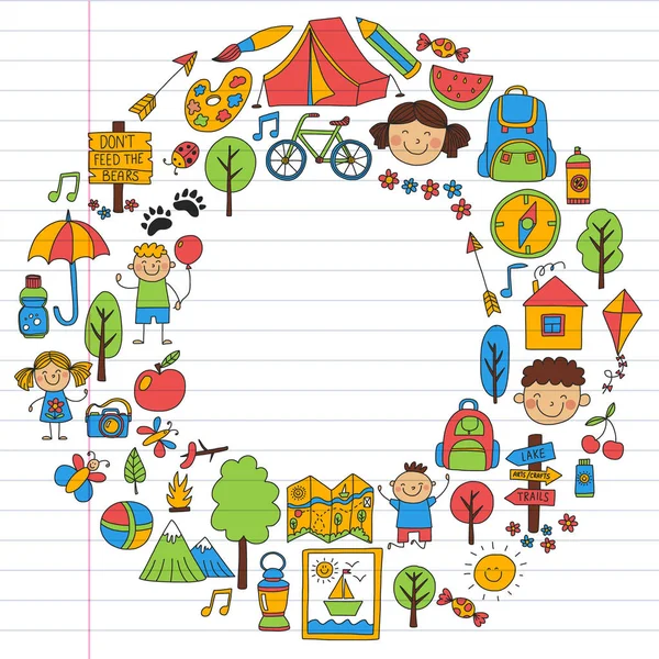 Conjunto vectorial de camping, iconos de senderismo para niños pequeños. Escuela y jardín de infantes vacaciones para niños . — Vector de stock