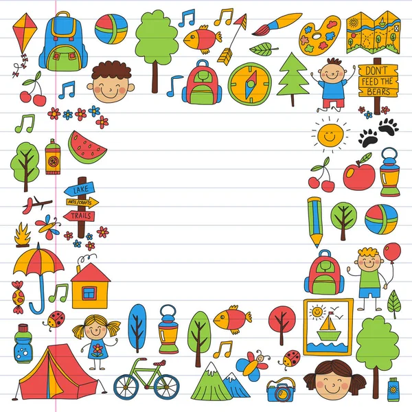 Conjunto de vetores de camping, ícones de caminhadas para crianças pequenas. Escola e jardim de infância crianças férias . — Vetor de Stock