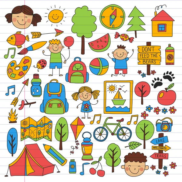 Conjunto vectorial de camping, iconos de senderismo para niños pequeños. Escuela y jardín de infantes vacaciones para niños . — Archivo Imágenes Vectoriales