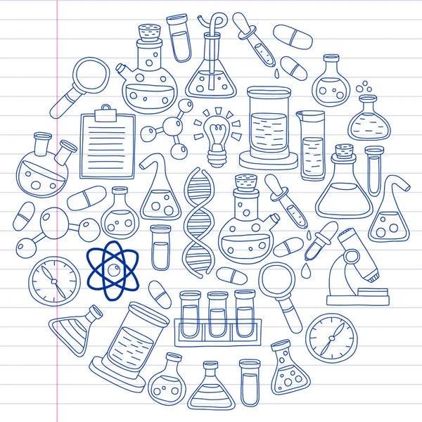 Vector set of chemistry, science icons. Pattern with laboratory equipment images. — Stock Vector