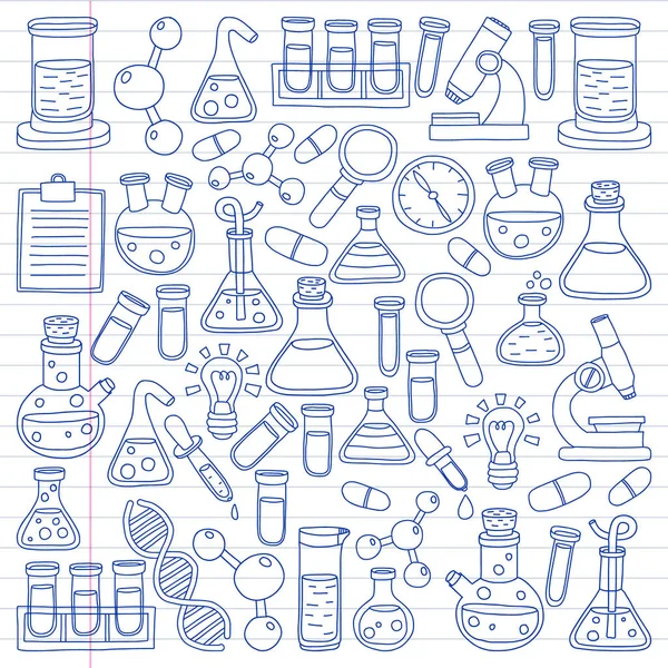Conjunto vectorial de química, iconos científicos. Patrón con imágenes de equipos de laboratorio . — Archivo Imágenes Vectoriales