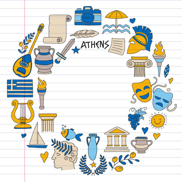 Travel to Greece. Vector set with doodle style icons
