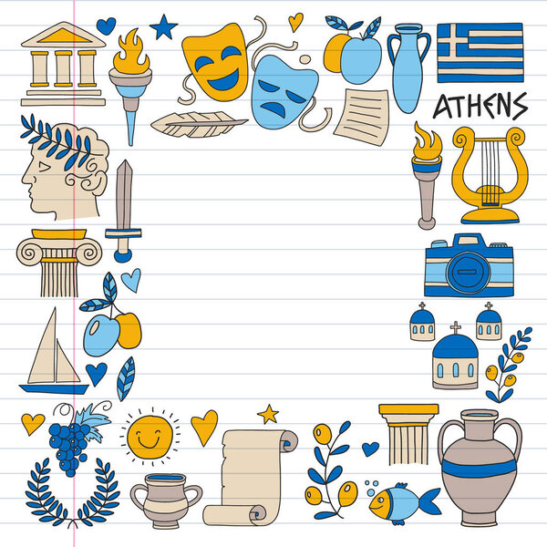 Travel to Greece. Vector set with doodle style icons