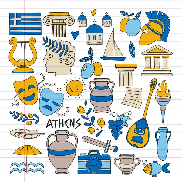 Ταξίδια στην Ελλάδα. Σετ με doodle στυλ εικονίδια διάνυσμα — Διανυσματικό Αρχείο