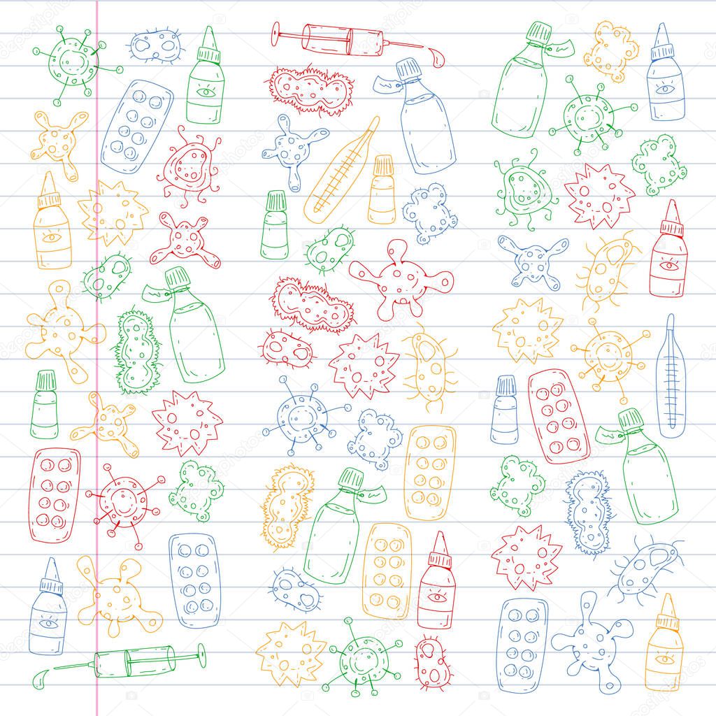 Cough, pills, influenza, flu, sickness. Vector pattern with doodle icons. Healthcare and medicine.