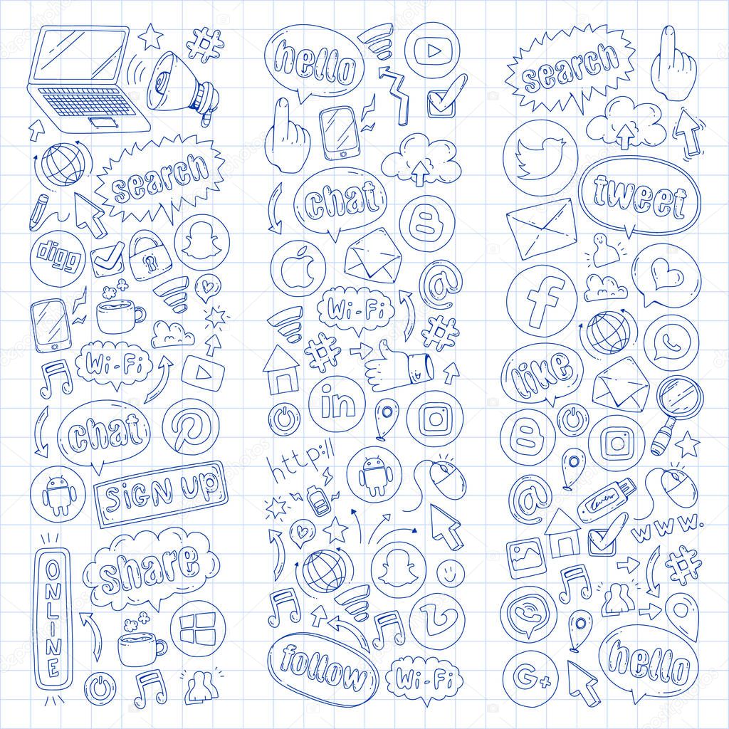 Social media and teamwork icons. Doodle images. Management, business, infographic.