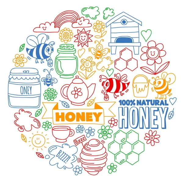 有機農場の蜂蜜の蜂のベクター画像。夏の花とパターン。健康食品. — ストックベクタ