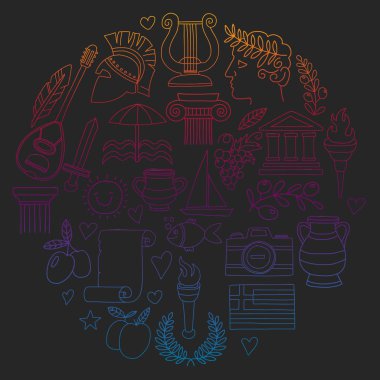 Yunanistan'a seyahat. Vektör Doodle stil ikonları ile ayarla