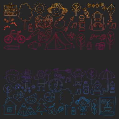 Vektör kamp, yürüyüş simgeleri küçük çocuklar için ayarlayın. Okulu ve anaokulu çocukları tatil.