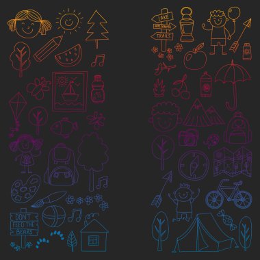 Vektör kamp, yürüyüş simgeleri küçük çocuklar için ayarlayın. Okulu ve anaokulu çocukları tatil.