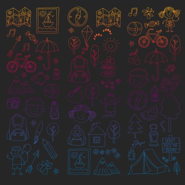 Vektör kamp, yürüyüş simgeleri küçük çocuklar için ayarlayın. Okulu ve anaokulu çocukları tatil.