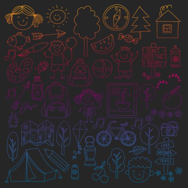 Vektör kamp, yürüyüş simgeleri küçük çocuklar için ayarlayın. Okulu ve anaokulu çocukları tatil.