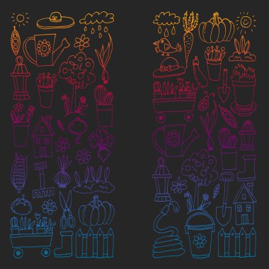 Bahçe, tarım, Bahçe aletleri, ekipman, hasat. Bahçe öğeleri simgelerin.