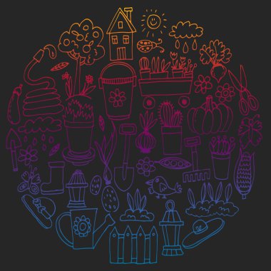 Bahçe, tarım, Bahçe aletleri, ekipman, hasat. Bahçe öğeleri simgelerin.