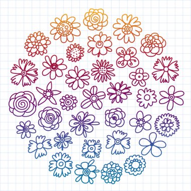 Vektör set renkli doodle çiçek. Düğün süsleme.