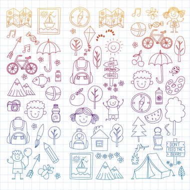 Vektör kamp, yürüyüş simgeleri küçük çocuklar için ayarlayın. Okulu ve anaokulu çocukları tatil.