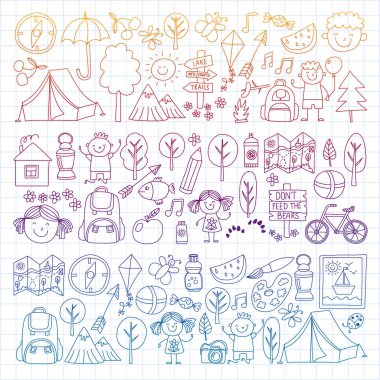 Vektör kamp, yürüyüş simgeleri küçük çocuklar için ayarlayın. Okulu ve anaokulu çocukları tatil.