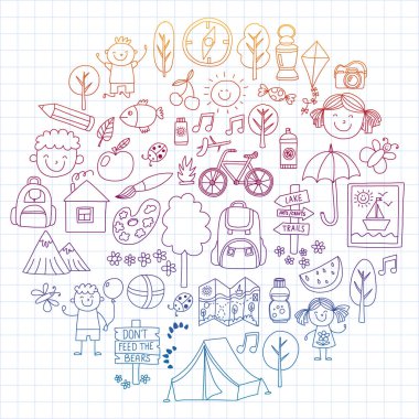 Vektör kamp, yürüyüş simgeleri küçük çocuklar için ayarlayın. Okulu ve anaokulu çocukları tatil.