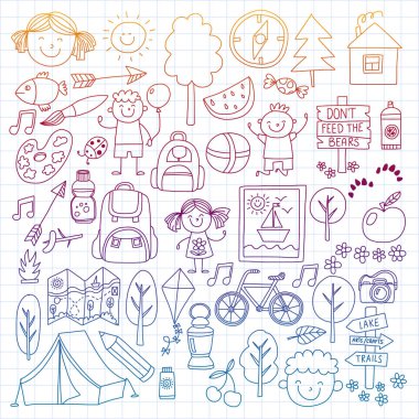 Vektör kamp, yürüyüş simgeleri küçük çocuklar için ayarlayın. Okulu ve anaokulu çocukları tatil.