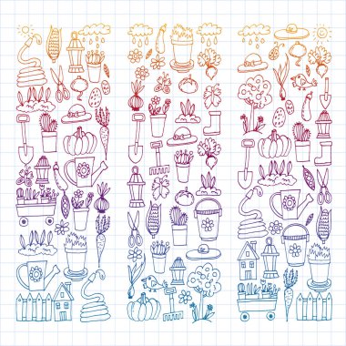 Bahçe, tarım, Bahçe aletleri, ekipman, hasat. Bahçe öğeleri simgelerin.