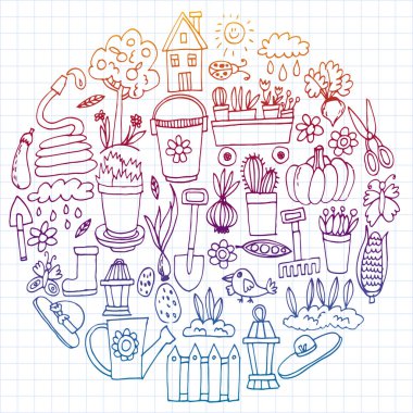 Bahçe, tarım, Bahçe aletleri, ekipman, hasat. Bahçe öğeleri simgelerin.