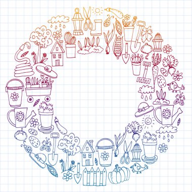 Bahçe, tarım, Bahçe aletleri, ekipman, hasat. Bahçe öğeleri simgelerin.