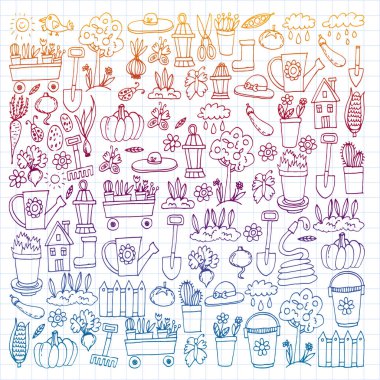 Bahçe, tarım, Bahçe aletleri, ekipman, hasat. Bahçe öğeleri simgelerin.