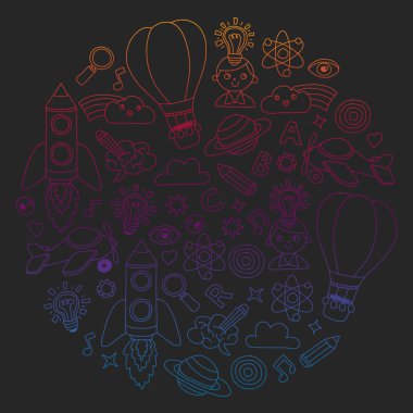 Küçük çocuklar için eğitim ve hayal illüstrasyon. Görüntü anaokulu, okul çocukları için. Seyahat, macera, keşif.