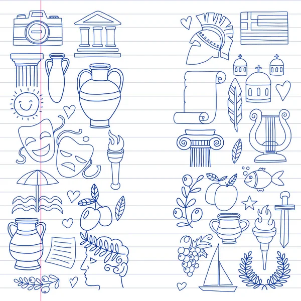 Viaggio in Grecia. Set vettoriale con icone in stile doodle — Vettoriale Stock