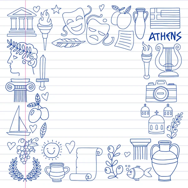 Travel to Greece. Vector set with doodle style icons — Stock Vector