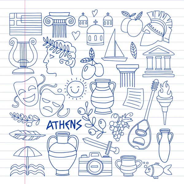 Viajar a Grecia. Conjunto de vectores con iconos de estilo doodle — Vector de stock