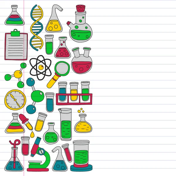 Conjunto vetorial de química, ícones científicos. Padrão com imagens de equipamentos de laboratório . —  Vetores de Stock