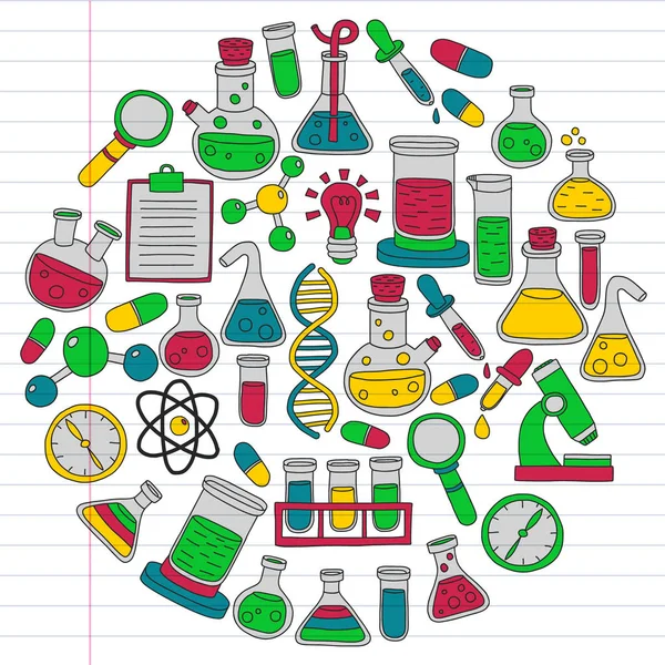 Conjunto vetorial de química, ícones científicos. Padrão com imagens de equipamentos de laboratório . —  Vetores de Stock