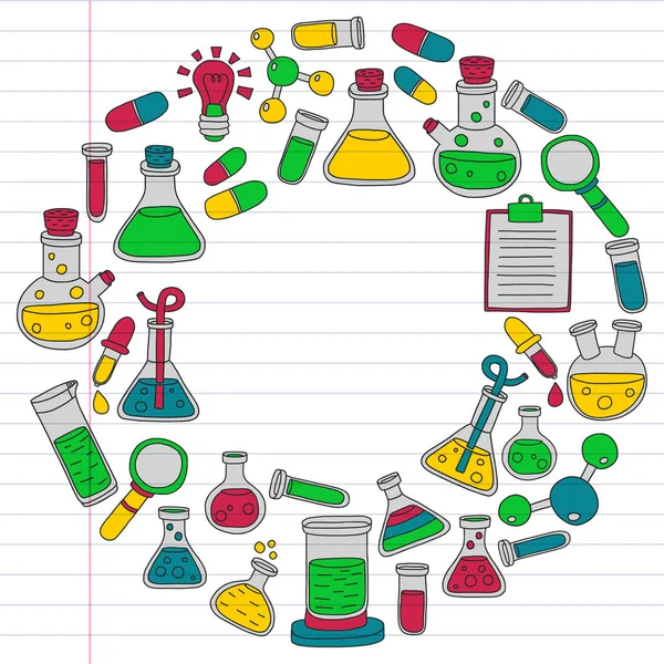 Διάνυσμα σύνολο χημεία, επιστήμη εικονίδια. Μοτίβο με εικόνες Εξοπλισμός εργαστηρίου. — Διανυσματικό Αρχείο