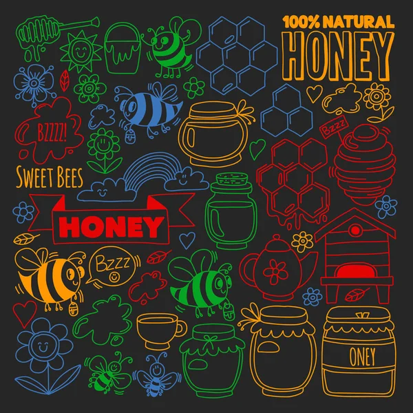 Векторное изображение пчел, органического фермерского меда. Пластырь с летними цветами. Здоровое питание . — стоковый вектор
