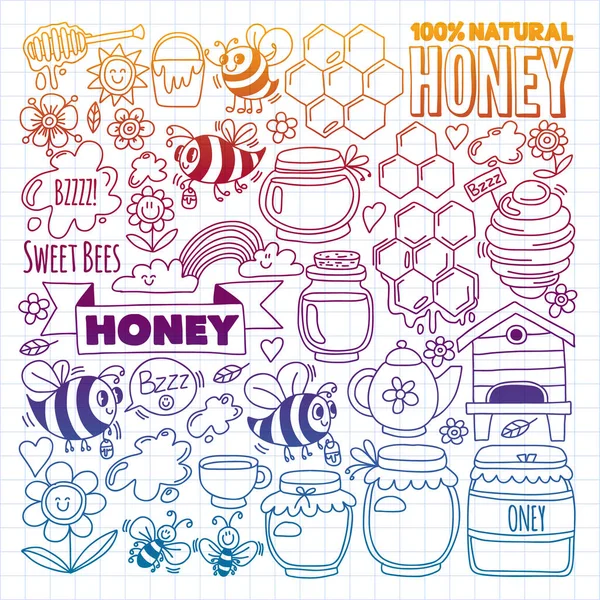 有機農場の蜂蜜の蜂のベクター画像。夏の花とパターン。健康食品. — ストックベクタ
