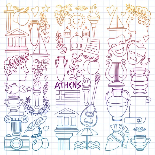 Viaje para Grécia. Conjunto de vetores com ícones de estilo doodle — Vetor de Stock