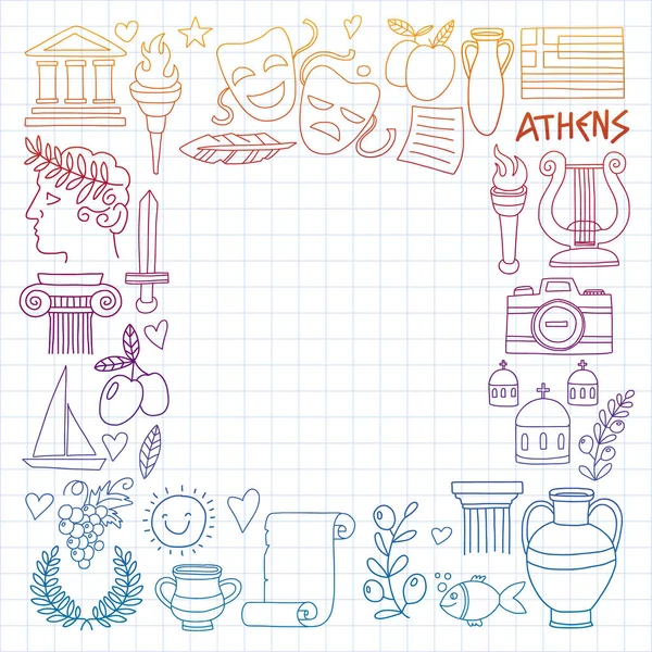 Viaje para Grécia. Conjunto de vetores com ícones de estilo doodle — Vetor de Stock