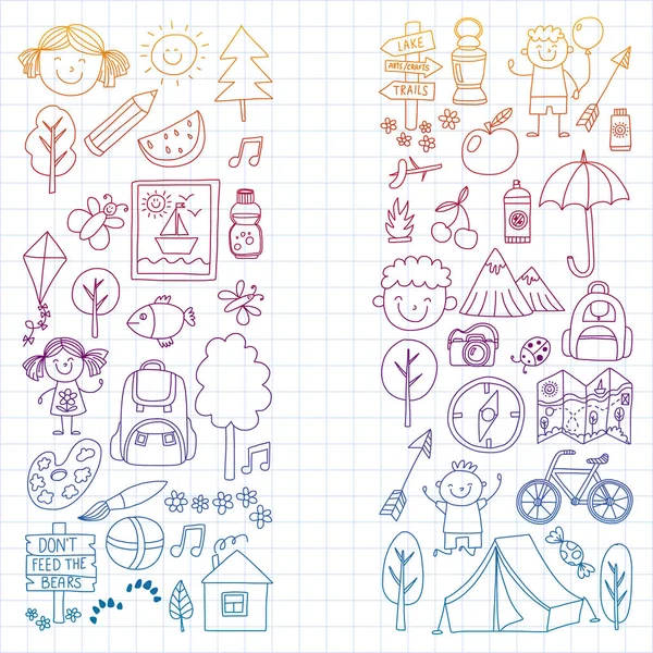 Conjunto de vetores de camping, ícones de caminhadas para crianças pequenas. Escola e jardim de infância crianças férias . —  Vetores de Stock