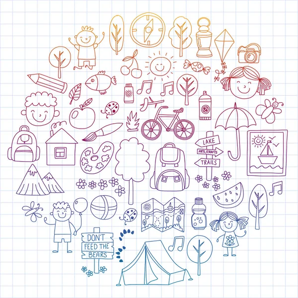 Vektör kamp, yürüyüş simgeleri küçük çocuklar için ayarlayın. Okulu ve anaokulu çocukları tatil.