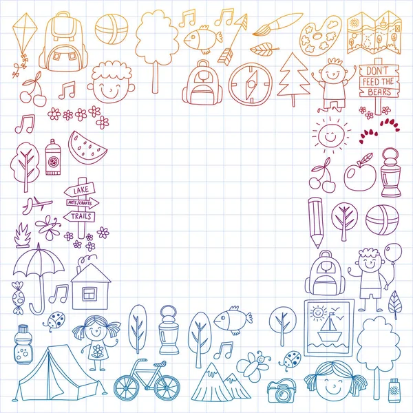 Vektör kamp, yürüyüş simgeleri küçük çocuklar için ayarlayın. Okulu ve anaokulu çocukları tatil.