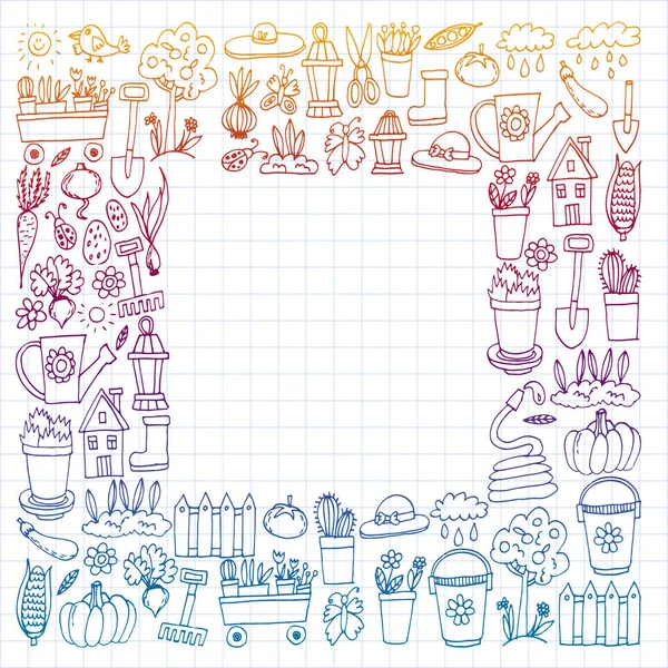 Bahçe, tarım, Bahçe aletleri, ekipman, hasat. Bahçe öğeleri simgelerin.