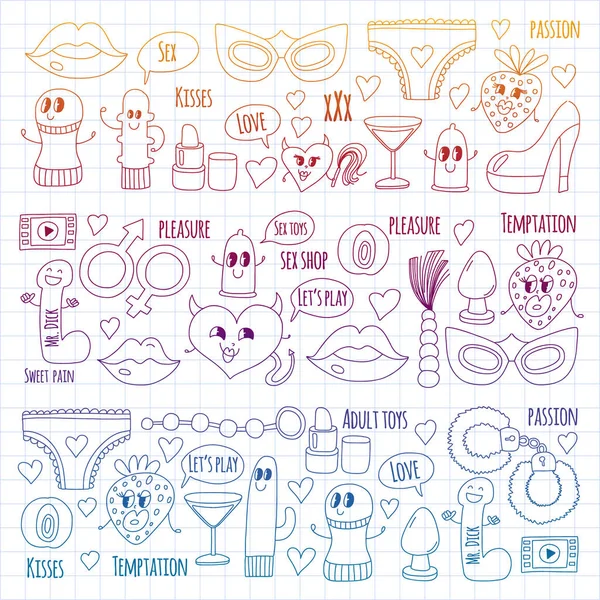 Grappige iconen voor Sexshop. Schattig stripfiguren. Dildo, aardbei, condoom, hart. Liefde en spelen — Stockvector