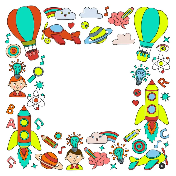 Educação e imaginação ilustração para crianças pequenas. Imagem para jardim de infância, crianças da escola. Viajar, aventura, exploração . — Vetor de Stock