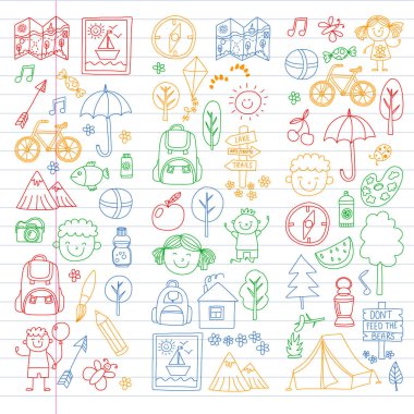 Vektör kamp, yürüyüş simgeleri küçük çocuklar için ayarlayın. Okulu ve anaokulu çocukları tatil.