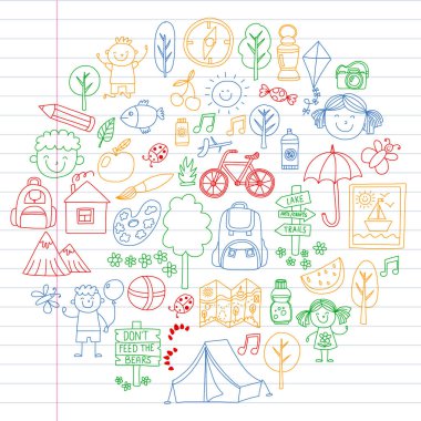 Vektör kamp, yürüyüş simgeleri küçük çocuklar için ayarlayın. Okulu ve anaokulu çocukları tatil.